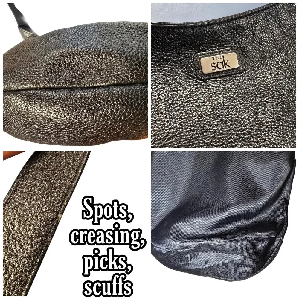 The Sak Hobo Purse Pure Leather Black Pebbled Zip Top Handbag Shoulder Bag